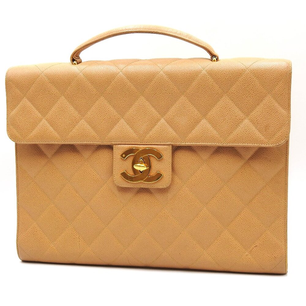 CHANEL CC Briefcase Business Bag Caviar Leather Beige Gold Hardware